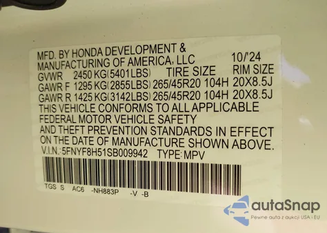2025 Honda Passport Awd Ex-L из США, поврежденный, VIN 5FNYF8H51SB009942